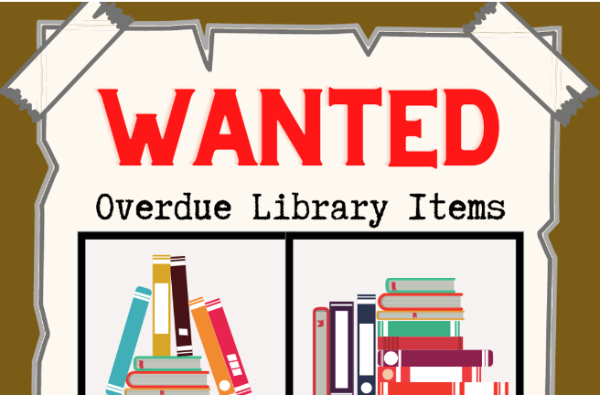 Image that says "WANTED Overdue Library Items"