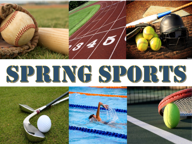Pictures of spring sports baseball, track, golf swimming, tennis