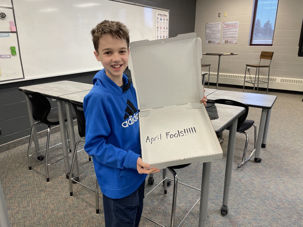 Noah Brown, 7th Grade Student, brought an empty pizza box for his teachers that says April Fools!!!!! on the inside.