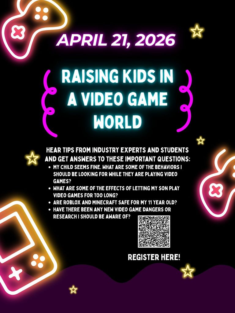Raising Kids in a Video Game World – April 21, 2026 Join us for an engaging session designed for parents and caregivers navigating the digital landscape. Hear from industry experts and students as they share insights on healthy gaming habits, potential risks, and how to support children in today’s video game culture. Get answers to common questions about screen time, behavior changes, and popular platforms like Roblox and Minecraft. Don’t miss this opportunity to stay informed and empowered—register today!