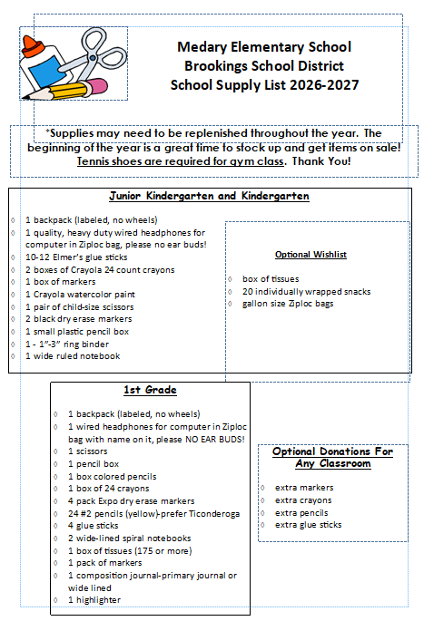 Medary School Supply List 2026-2027