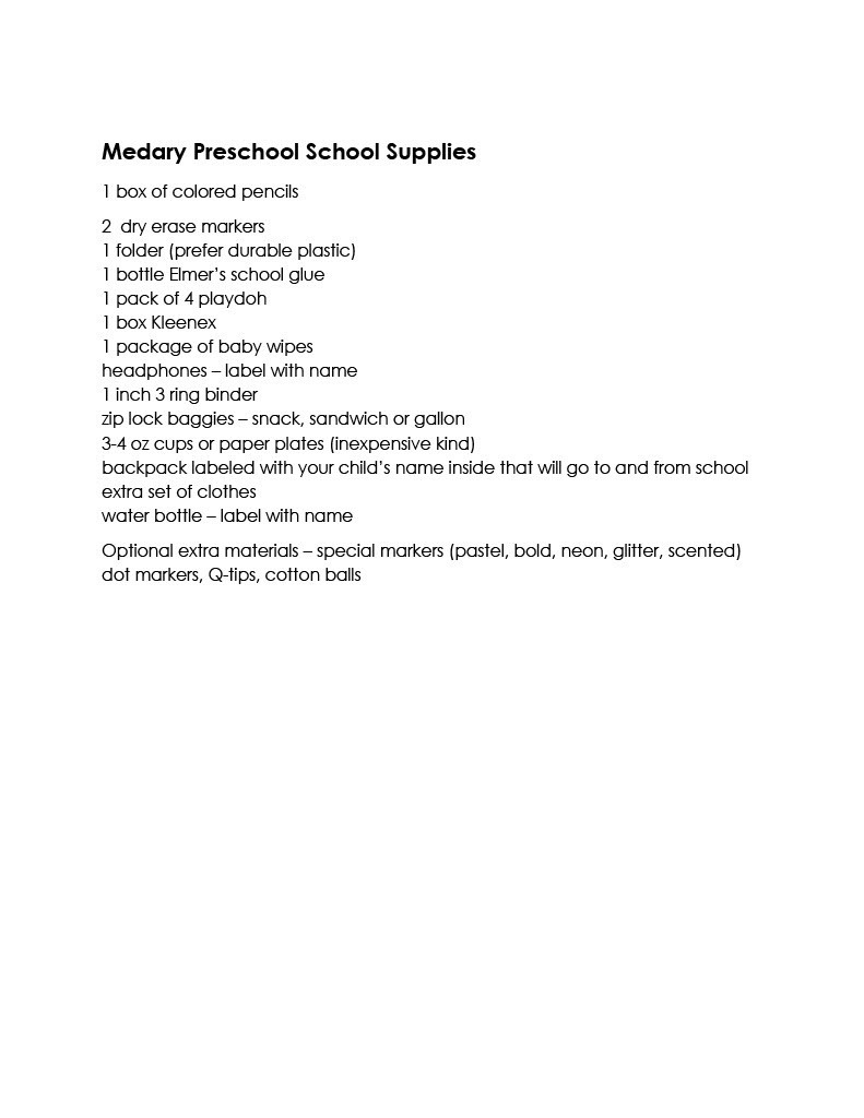 Preschool School Supply List