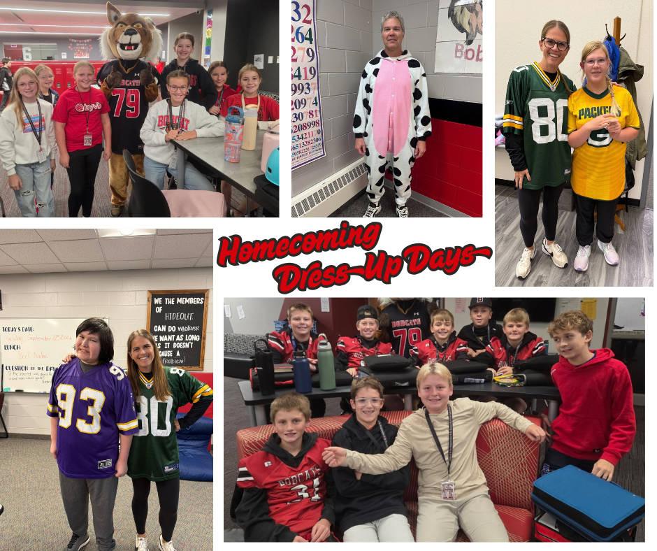 Pictures of middle school students and staff dressed up for Homecoming