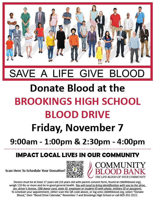 Image of blood drive happening on 11/7/2025 from 9am-4pm at the Brookings High School.