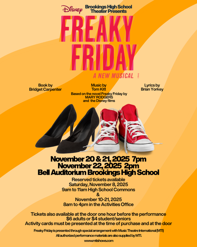 Image of flyer for Freaky Friday performance by the brookings high school.