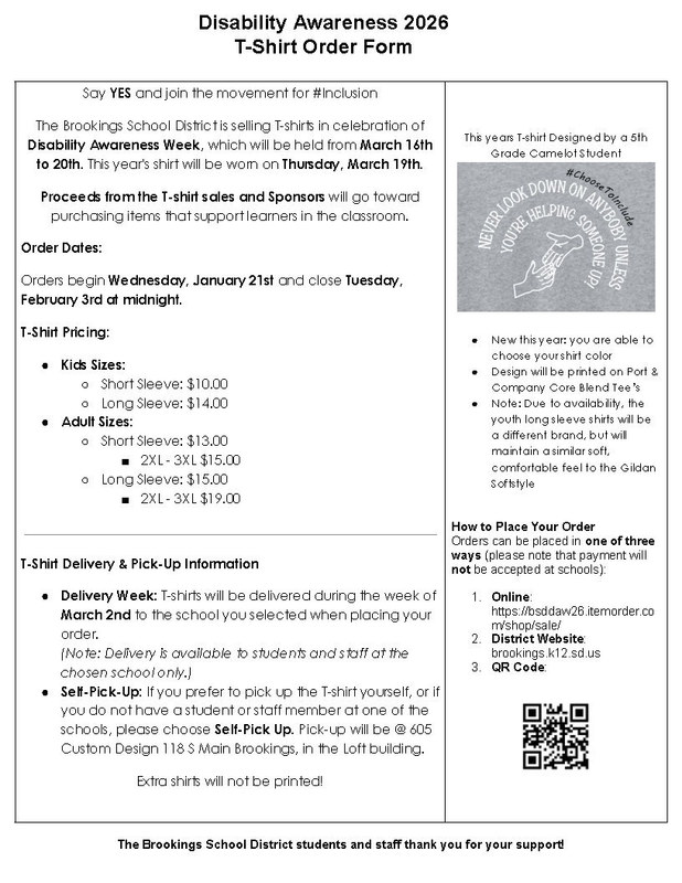 Disability Awareness 2026 T-Shirt Order Form. Orders can be placed Online: https://bsddaw26.itemorder.com/shop/sale/