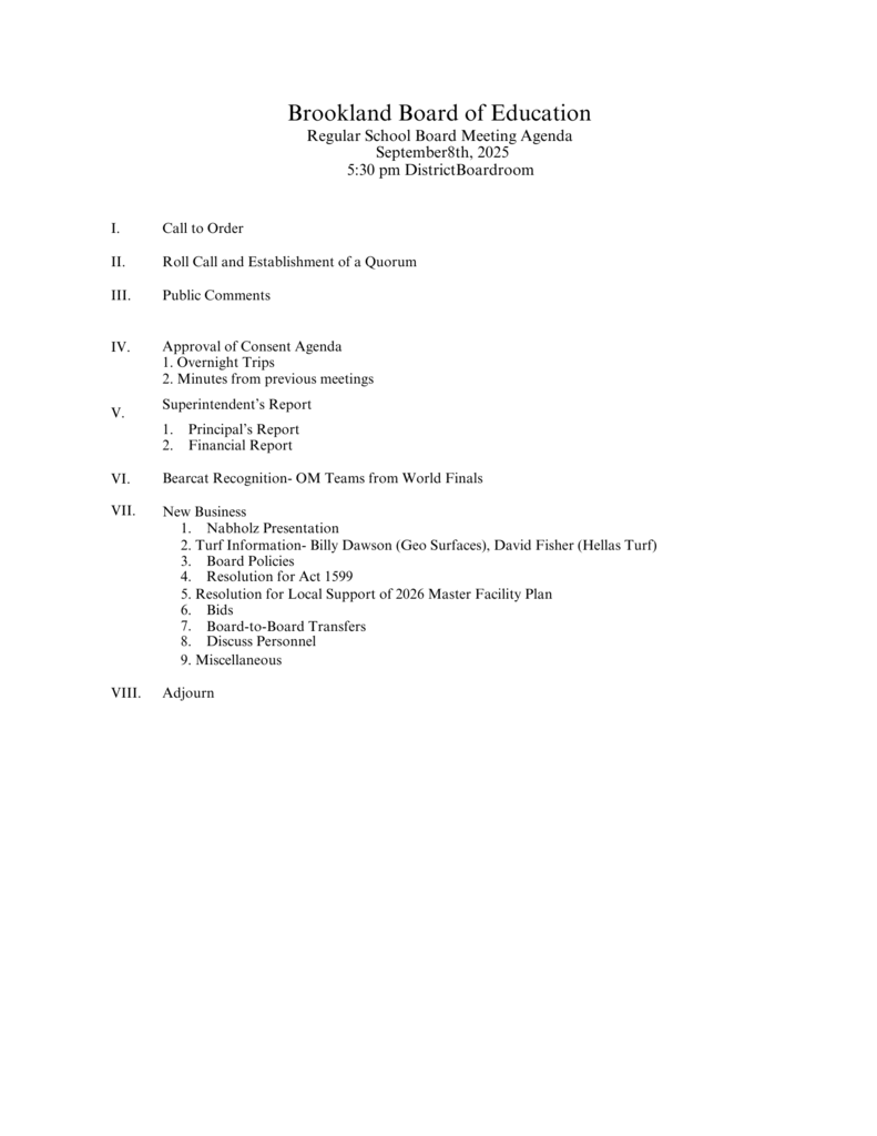 Sept 8 Board Agenda