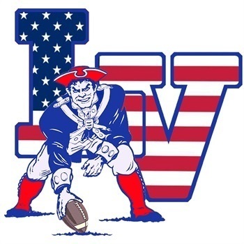 Lenape valley school logo, a muscular patriot hiking a football with a large L and V behind him