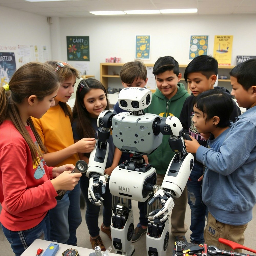 students with robot