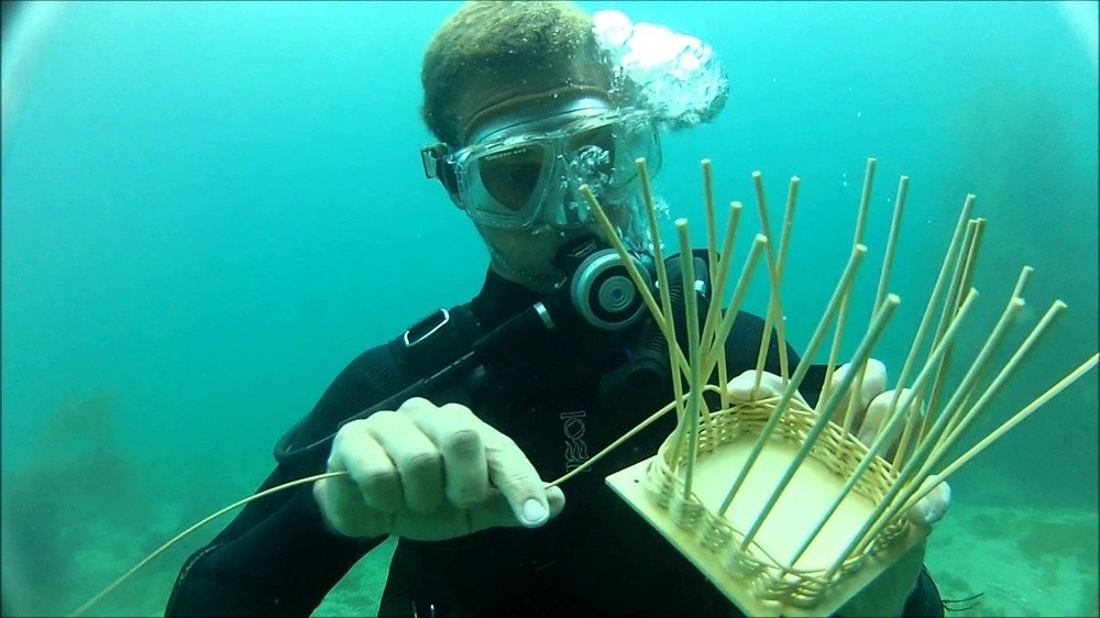 Portrait of head basket weaving coach, Bill  Baskechick weaving a square basket underwater in his diving gear.