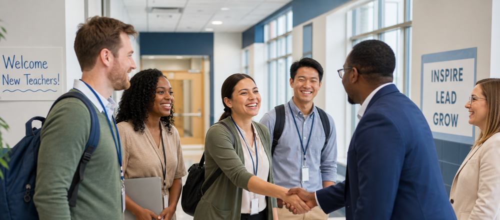 Staff members welcome each other in the hallway.