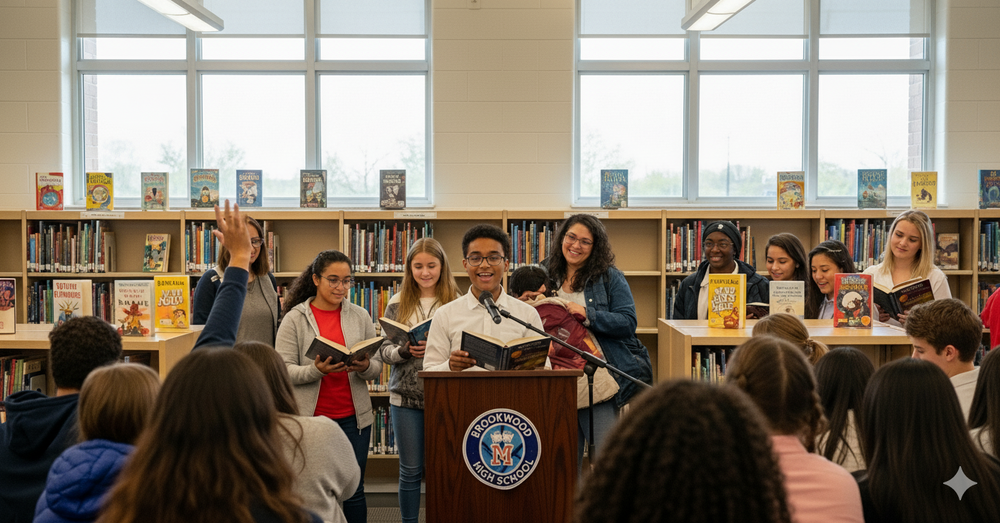Students in library reading books and speaking at podium