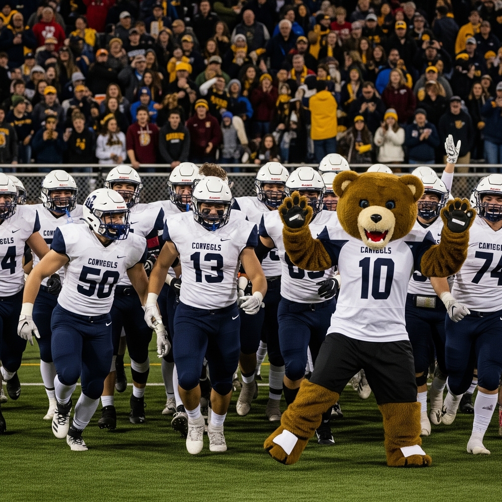 A high school football team in white and blue uniforms runs onto the field, celebrating a victory. A brown bear mascot, also in a white jersey, is in front of them, arms raised in excitement. Spectators are visible in the blurred background.