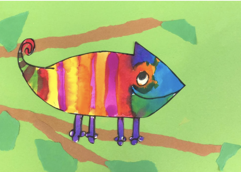 a child's drawing of a colorful chameleon 