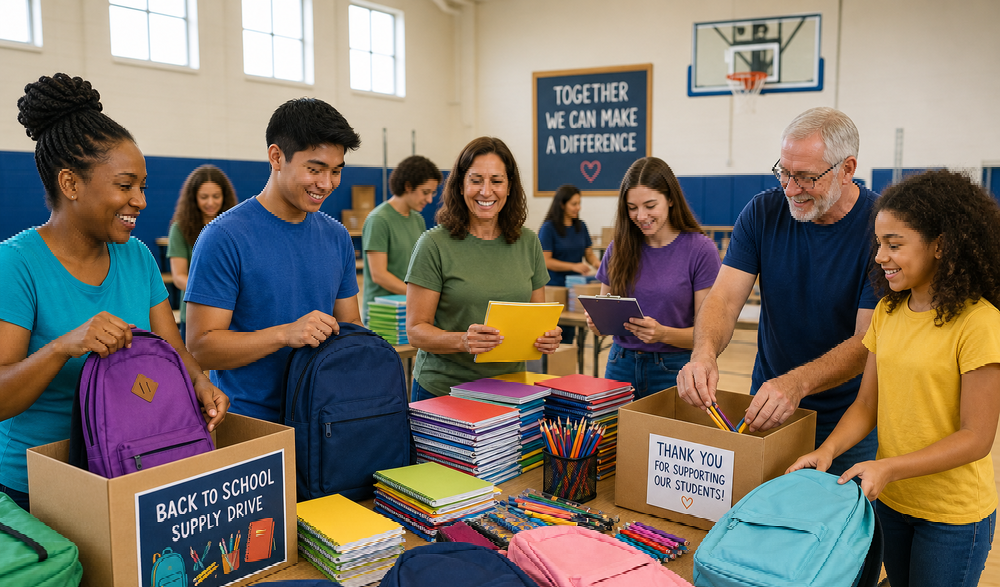 Several community members lending a hand at the back to school supply drive.