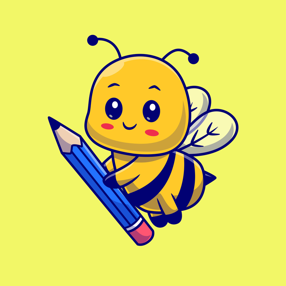 cute cartoon bumblebee holding a blue pencil on a yellow background