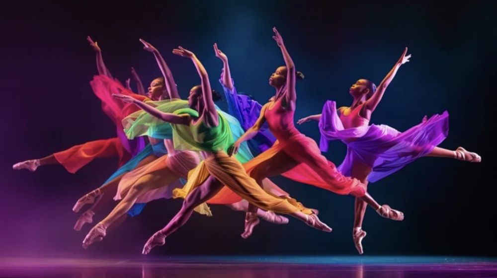Ballet dancers in colorful outfits performing on stage
