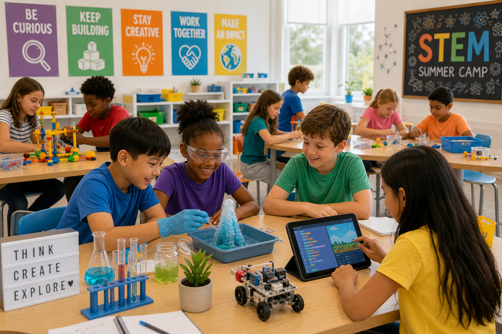 Students collaborating in a classroom for STEM summer camp