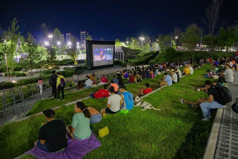 people in park watching a movie