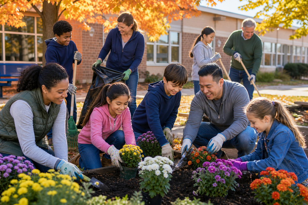 Several community members working together in a garden.