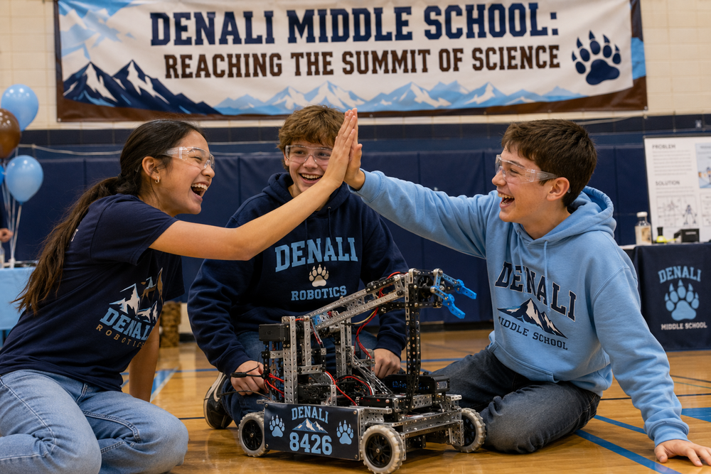 A bright, energetic photo of three middle school students wearing safety goggles. They are laughing and high-fiving over a small, custom-built robot on a gymnasium floor. In the background, a banner reads: "Denali Middle School: Reaching the Summit of Science."