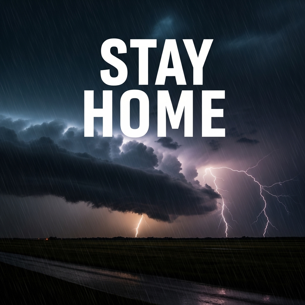 A powerful image of a dark, stormy sky with lightning striking. The words 'STAY HOME' are prominently displayed in large, white letters.