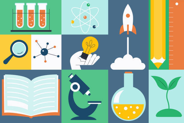 Collage of science-related icons: test tubes, magnifying glass, book, microscope, beaker, rocket, lightbulb, atom, ruler, and a plant.