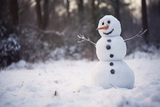 Snowman with a carrot nose and black buttons, arms outstretched, standing in a snowy area with trees.