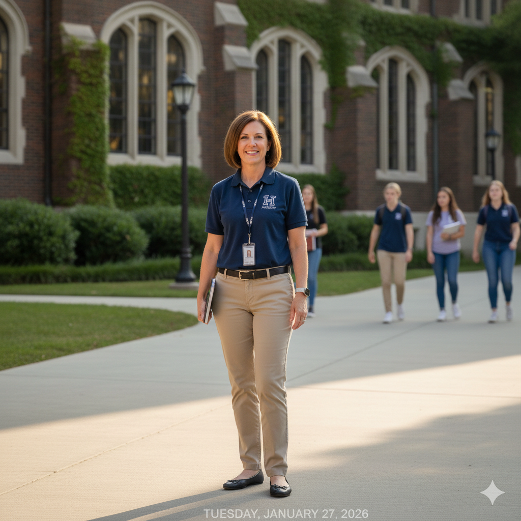 Woman standing on school sidewalk, with book in hand, and a school building in the background.