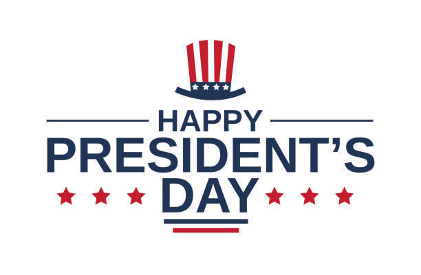 Logo for President's Day with a red, white, and blue top hat, stars, and "Happy President's Day" text on a white background.