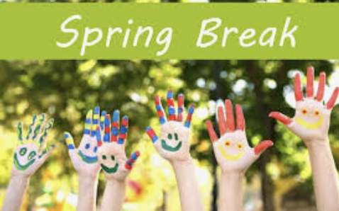 Multiple hands painted with bright colors and faces, raised up with "Spring Break" text on a green background.
