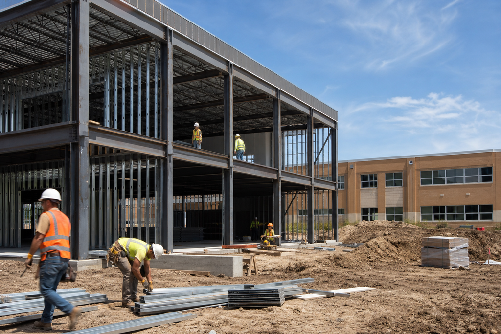 Under a clear blue sky, workers build a metal frame structure. Three workers are on the ground, while two are on the upper floor.