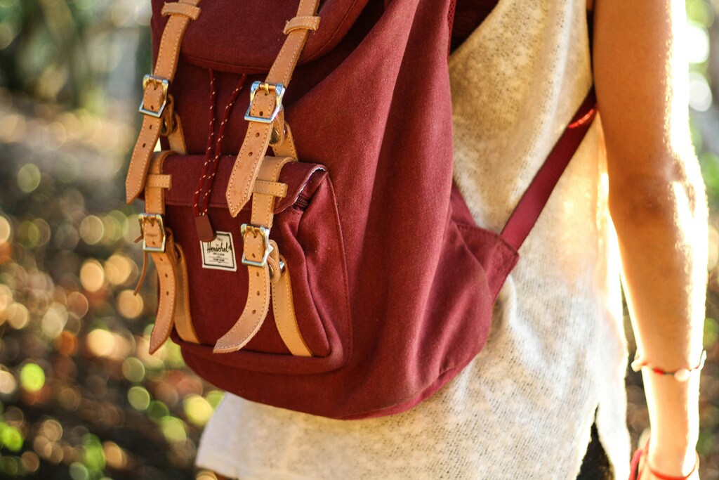 Student wearing red backpack