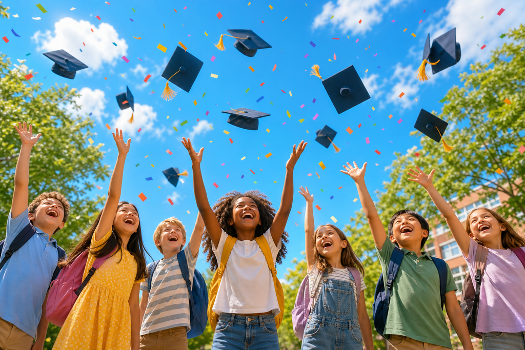 Kids throwing graduation caps into the air, celebrating, with a blue sky and trees in the background.
