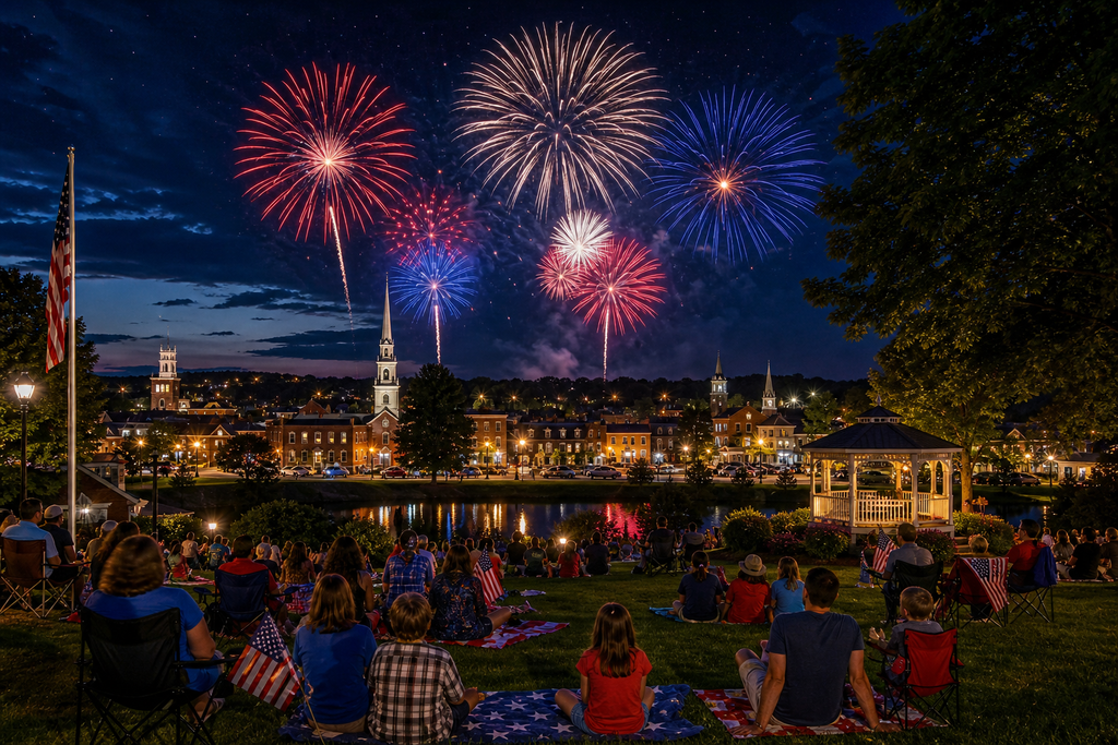 Fireworks explode in red, white, and blue above a crowd watching from blankets on a grassy area.