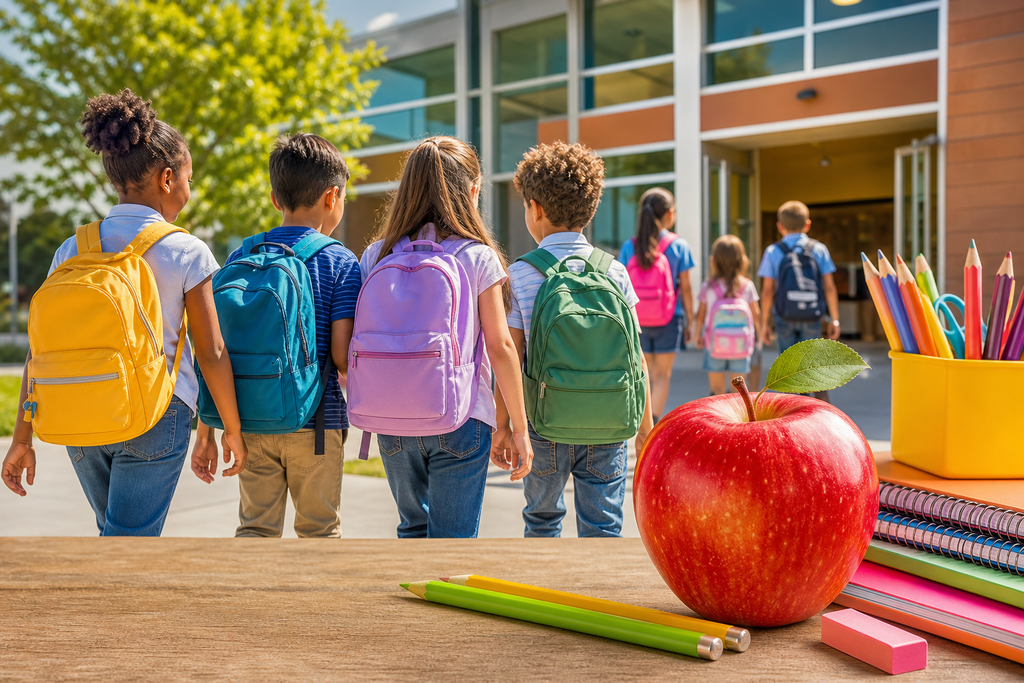 Children with backpacks walk towards a school entrance. A table displays a red apple, pencils, and books.