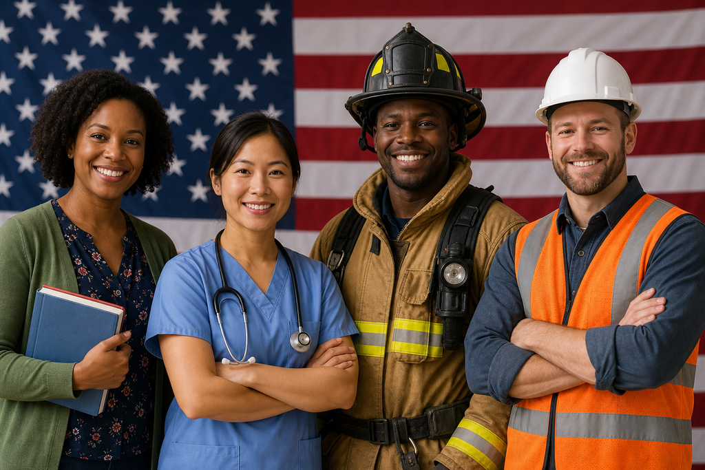 Four people stand in front of an American flag. They wear uniforms: a nurse, firefighter, construction worker, and another woman with a book.