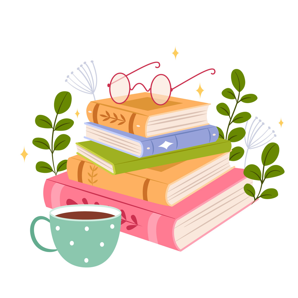 Stack of books, eyeglasses, and a coffee cup on a green leaf background.