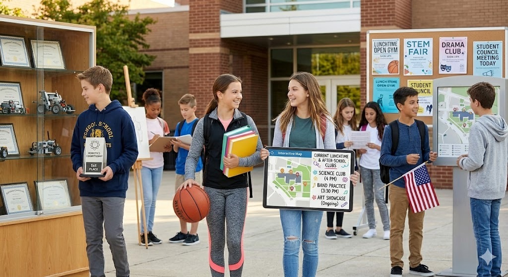 Group of students standing outside school, holding awards, basketball, and map, with building and trees in the background.