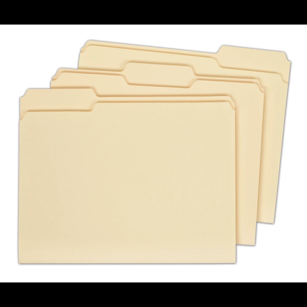 Four stacked beige folders with a tab on the left side, against a plain white background. This is what the folder your students are bringing home should look like.