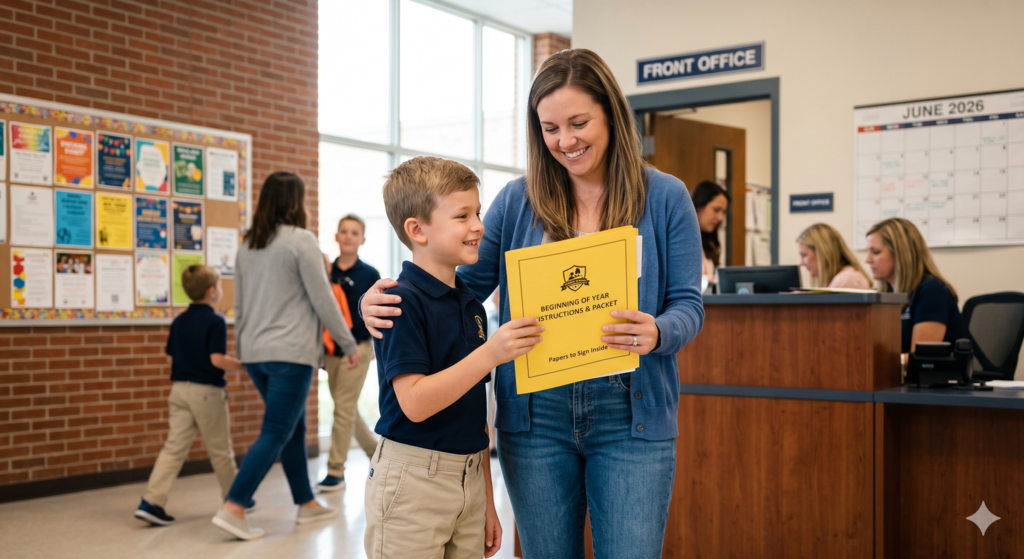 Woman and young boy hold up folder labeled "Beginning of year instructions and packets" in front of school office. Other students walk past in background.