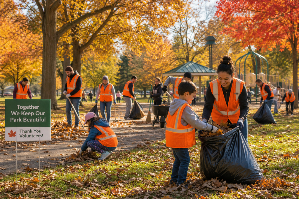 Volunteers in orange vests pick up leaves in a park. They hold trash bags and gather leaves.