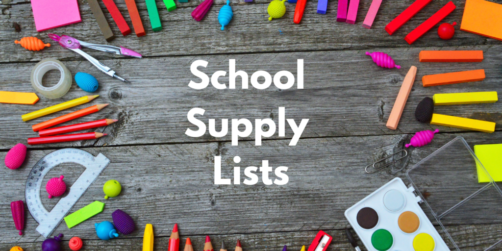Various school supplies, including pens, pencils, markers, and art tools, scattered on a wooden surface with a heading that says School Supply lists