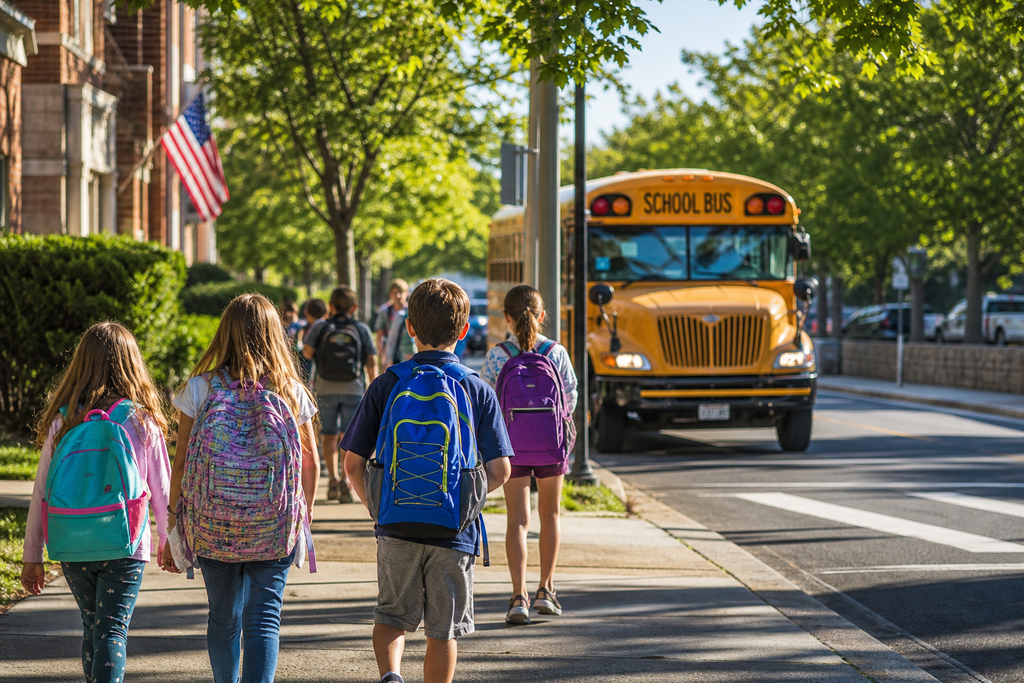 Four kids with backpacks walk on a sidewalk with a school bus in the background.