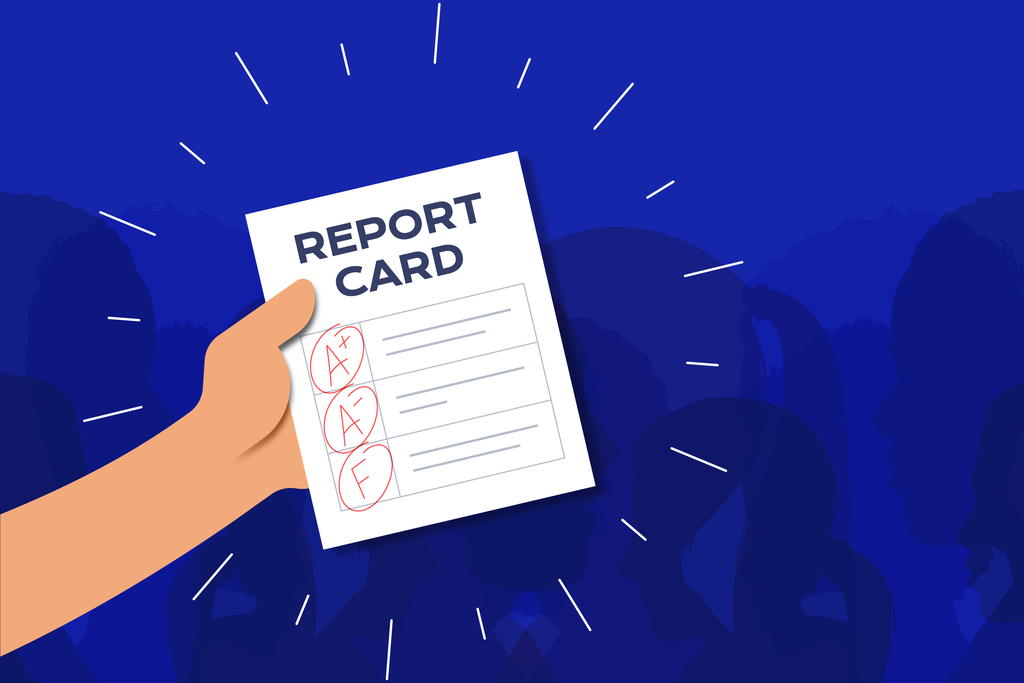 Graphic of an arm holding a report card.