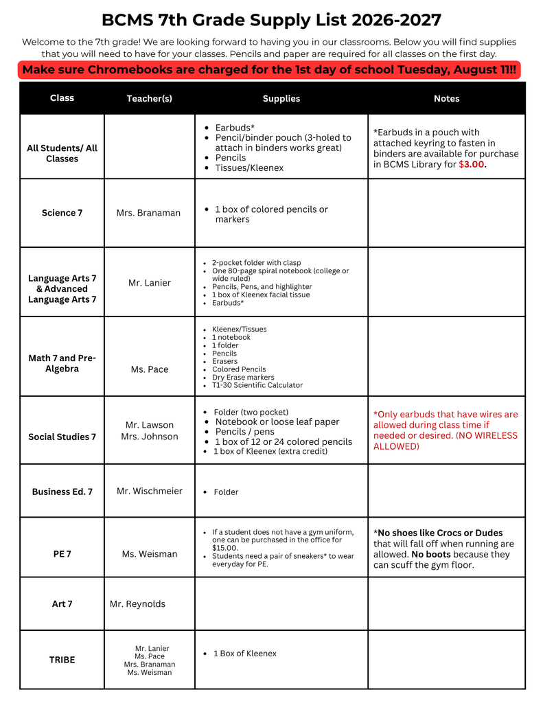 7th Grade Supply List