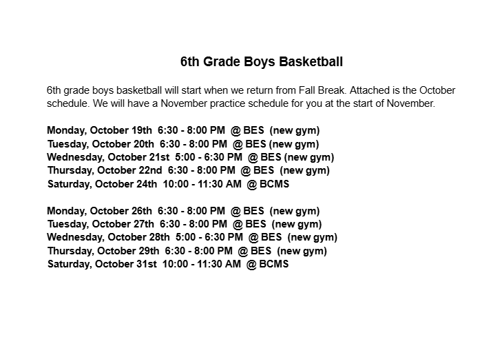 6th boys schedule