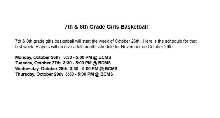 7th/8th Girls Schedule
