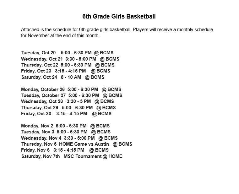 6th Girls Schedule
