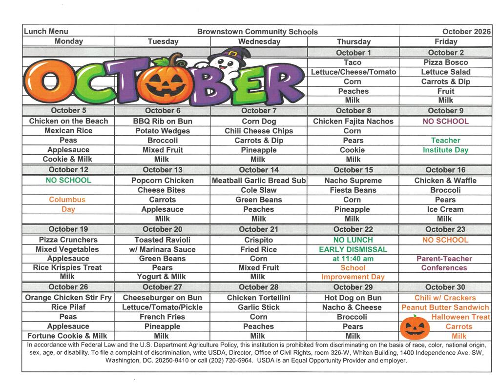October 2026 Lunch Menu